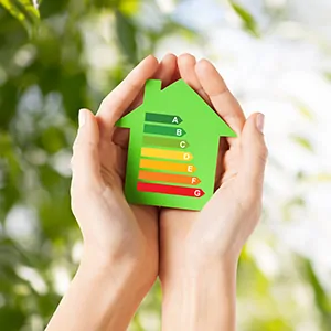 Manos abiertas con casa y simbolo de califiación energética en vivienda